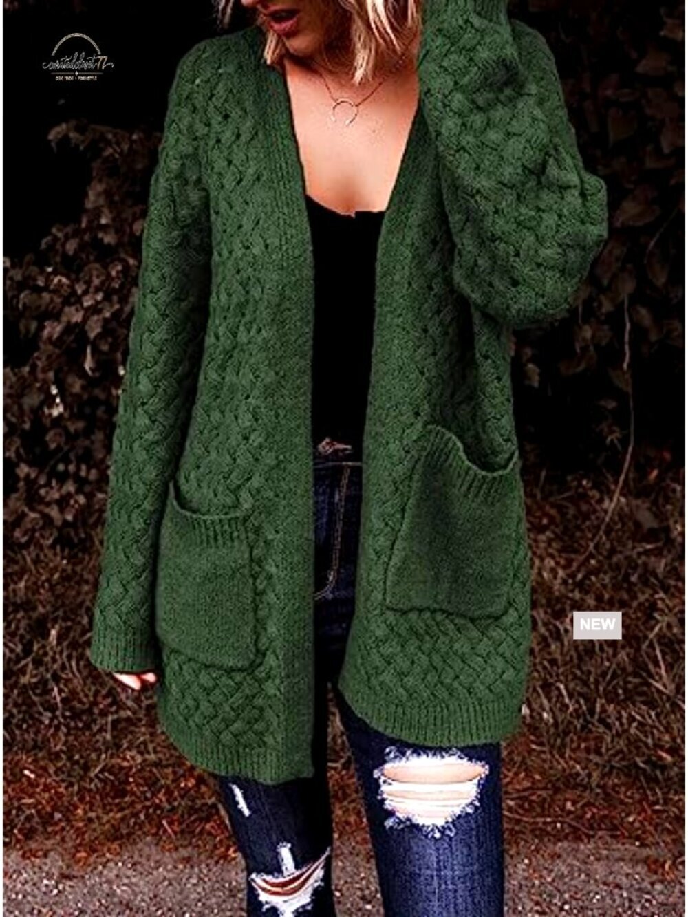 Long Sleeve Open Front Cable Knit Cardigan with Pockets, Chunky Knit - Picture 3 of 7